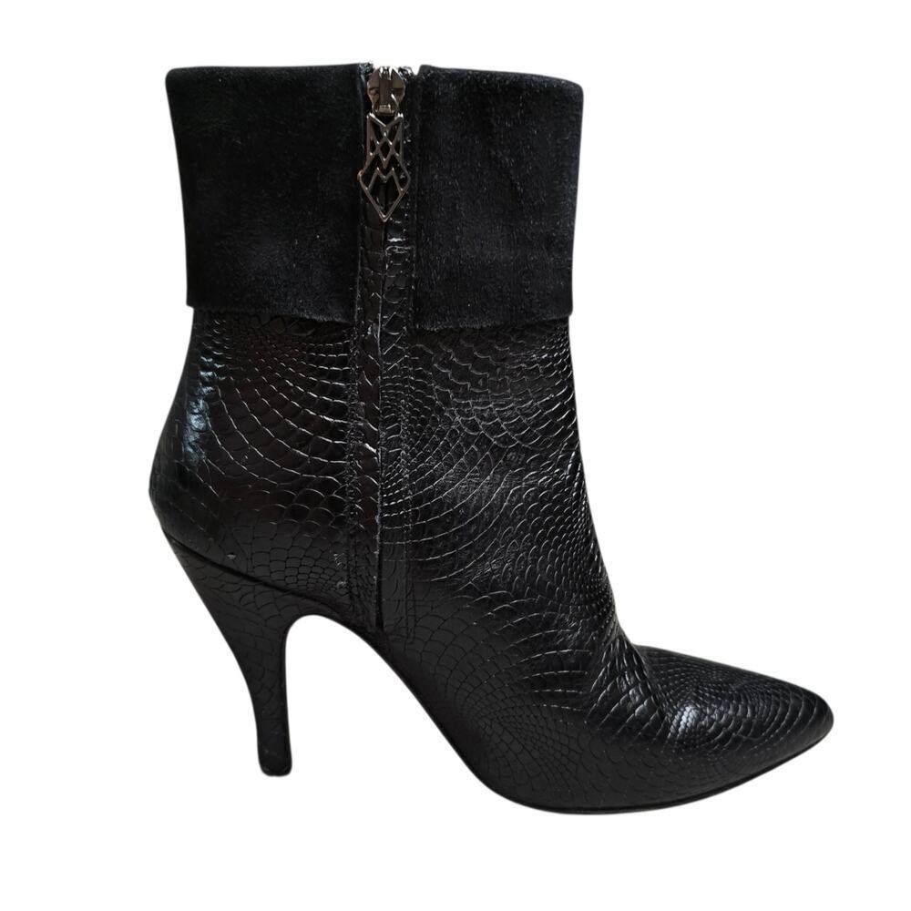 Marchez Vous Black Textured Leather Heeled Ankle Boots Suede Cuff Italy Size 6.5